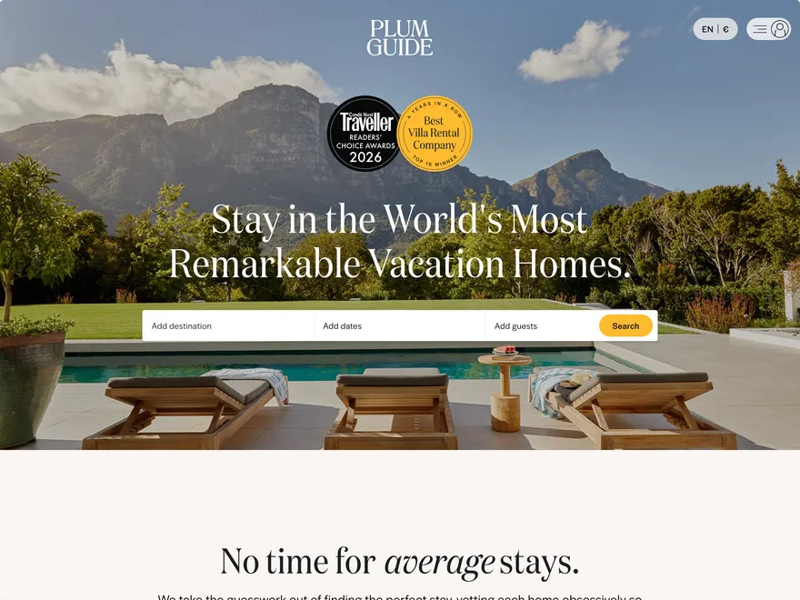 Screenshot of the Plum Guide home page showing a hero section with the background image of a home's backyard with a pool and a mountainscape