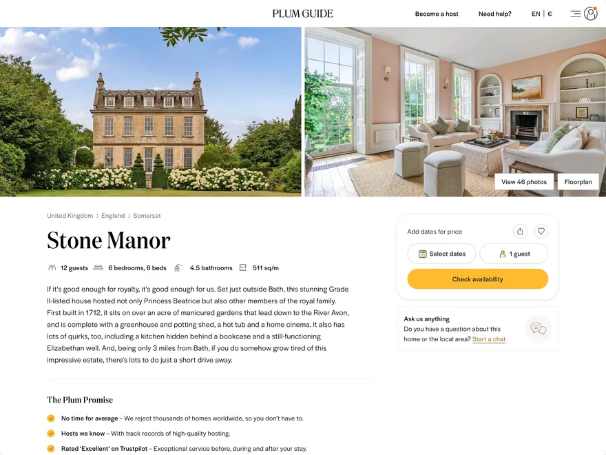 Screenshot of the Plum Guide listing page of a property in England called Stone Manor