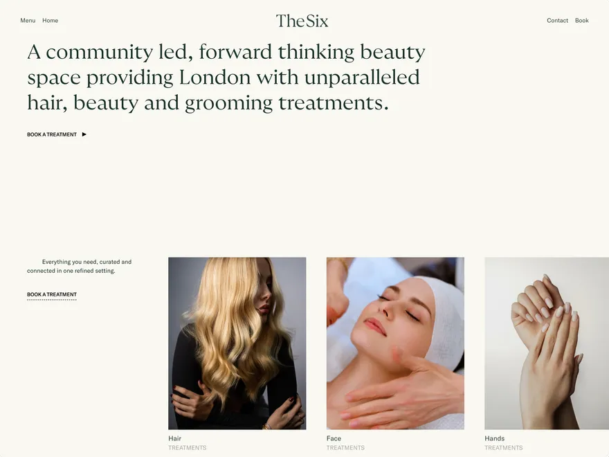 Screenshot of the home page of TheSix showing an intro heading and a grid of treatments provided