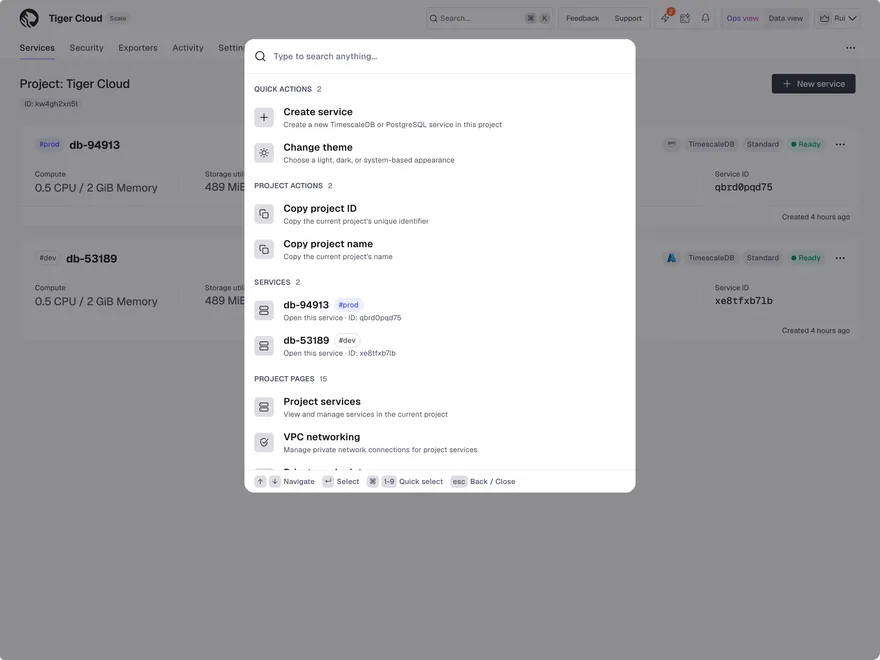 Screenshot of the Tiger Cloud console showing the command palette in light mode