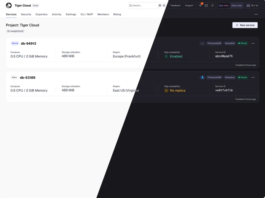 Screenshot of the Tiger Cloud console showing a list of services, in both light and dark mode
